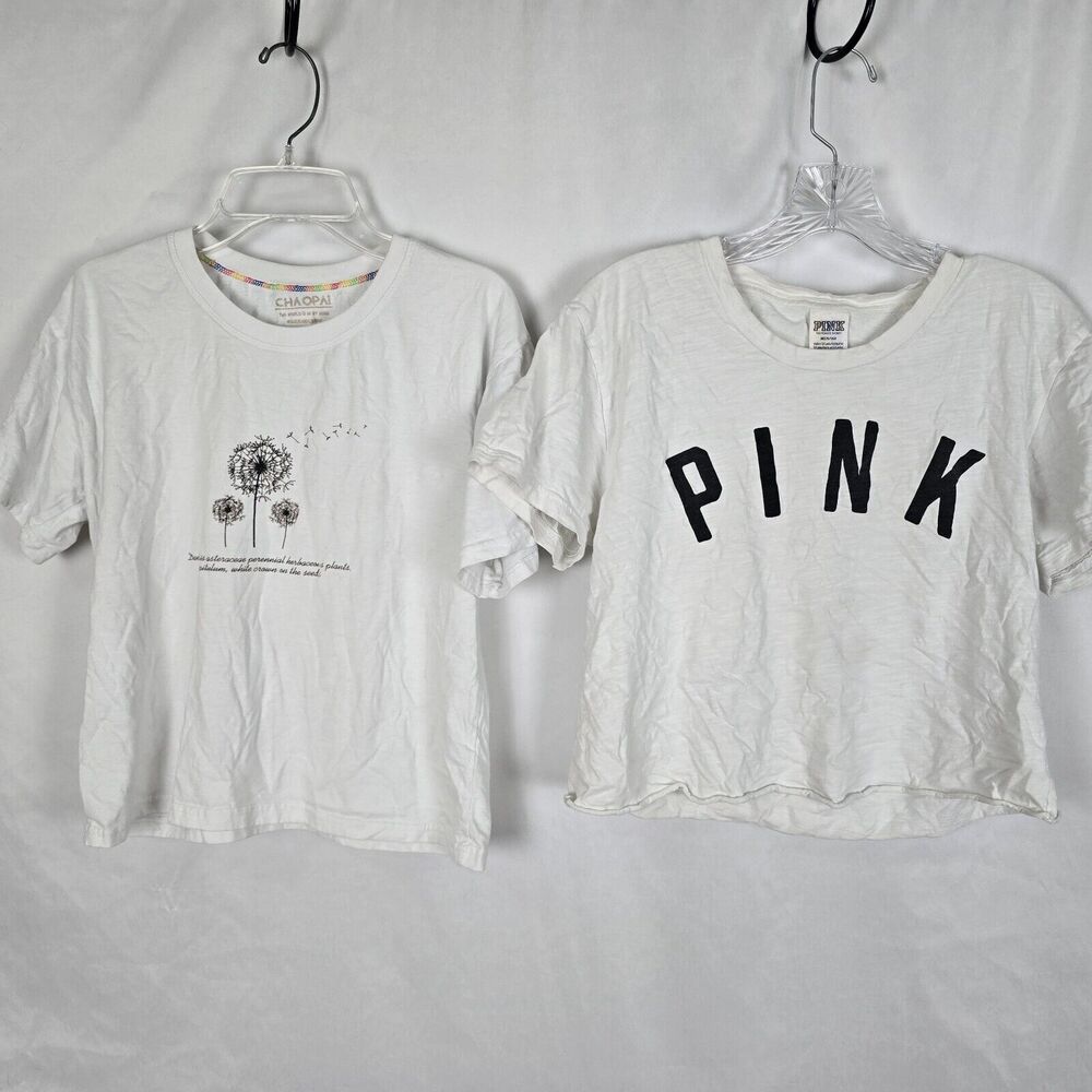 Victoria's Secret Pink Chaopai T-Shirts Women's M White Black Crop Short Sleeve